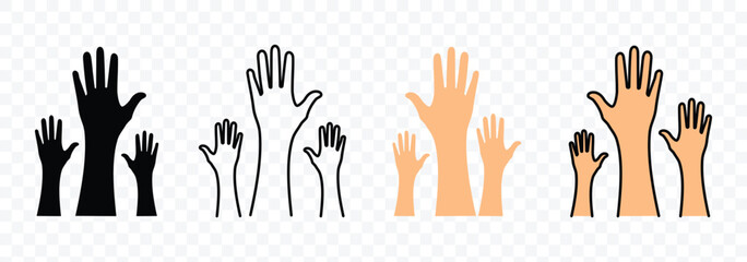 Voting hands line icon set. Hand reaching silhouette, human raised hands. People vote by hand sign. Set of peoples, community, organization, democracy, donation, charity. Vector illustration
