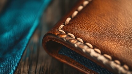 A classic leather wallet with blue tie detail on rustic wood, celebrating Father's Day with timeless craftsmanship and warmth.