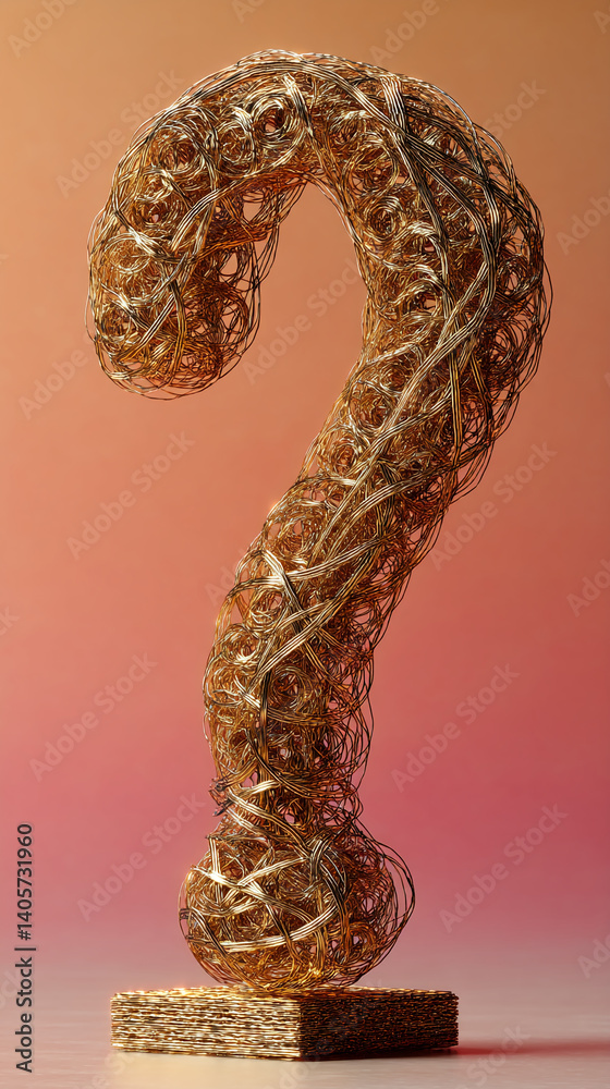 Poster golden wire intricately formed into a question mark, sitting on a small, textured base, against a gr