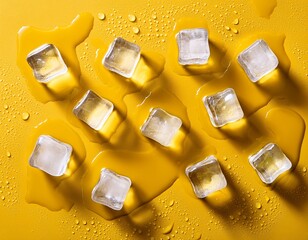 ice cubes with water drops scattered on a yellow background top view
