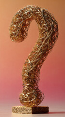 Golden wire intricately formed into a question mark, sitting on a small, textured base, against a gradient pink background. Represents curiosity, inquiry, and the search for answers.