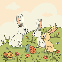 Cute Easter Bunnies with Colorful Eggs in a Spring Meadow