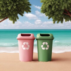 Obraz premium Recycling bins on a tropical beach with clear blue water and palm trees present