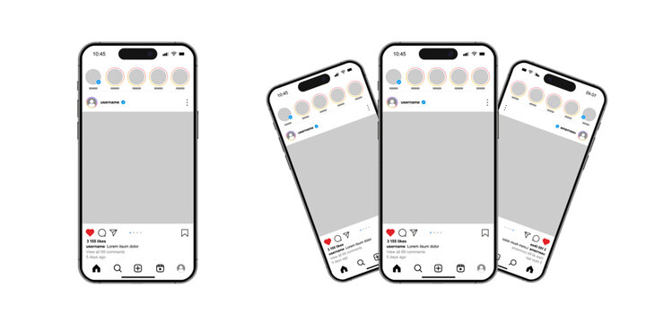 Instagram social media post layout mobile phone mockup template with tilted phones, Instagram scroll frame page on three smartphone banner