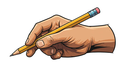 A hand firmly gripping a pencil, ready to write a story, a poem, or a song, captured in bold, vibrant comic book style.