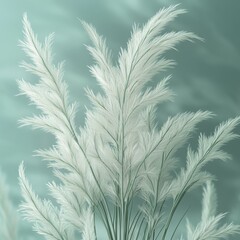Delicate pampas grass wisps swaying gently against a serene icy blue backdrop. 3d soft pastel pop
