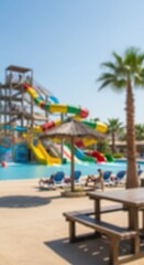Vibrant water park adventure with colorful slides and relaxation areas