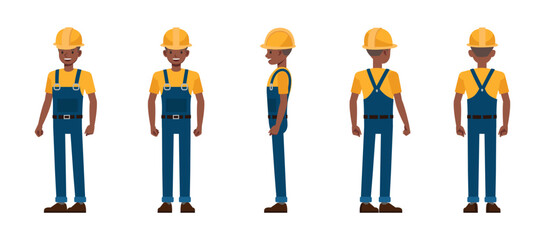 Construction worker character vector illustration design set. Presentation in various action.
