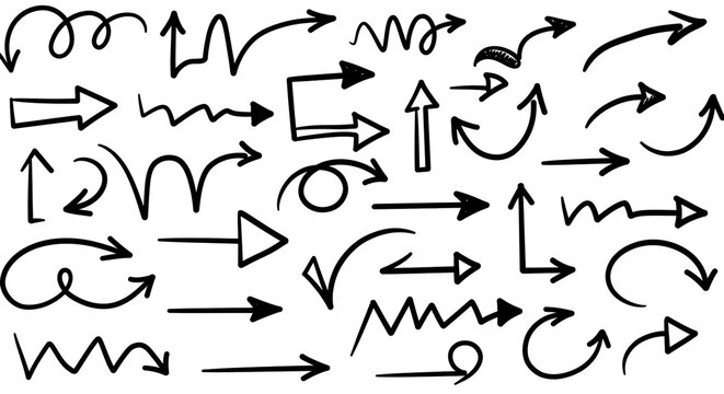A playful collection of hand-drawn arrows pointing in various directions, showcasing dynamic energy and creative expression with a simple black ink style on a white background.
