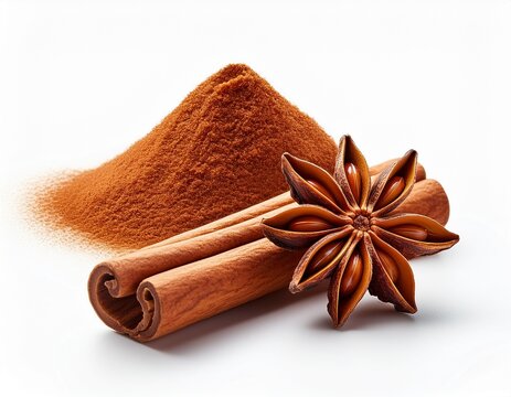 cinnamon stick and star anise spice close up isolated on white background
