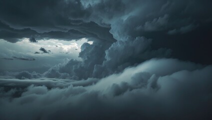 Obraz premium Dramatic sky featuring stormy clouds and rain, Dark clouds looming before a thunderstorm panoramic view. Stormy heavens panorama. Expansive gloomy backdrop