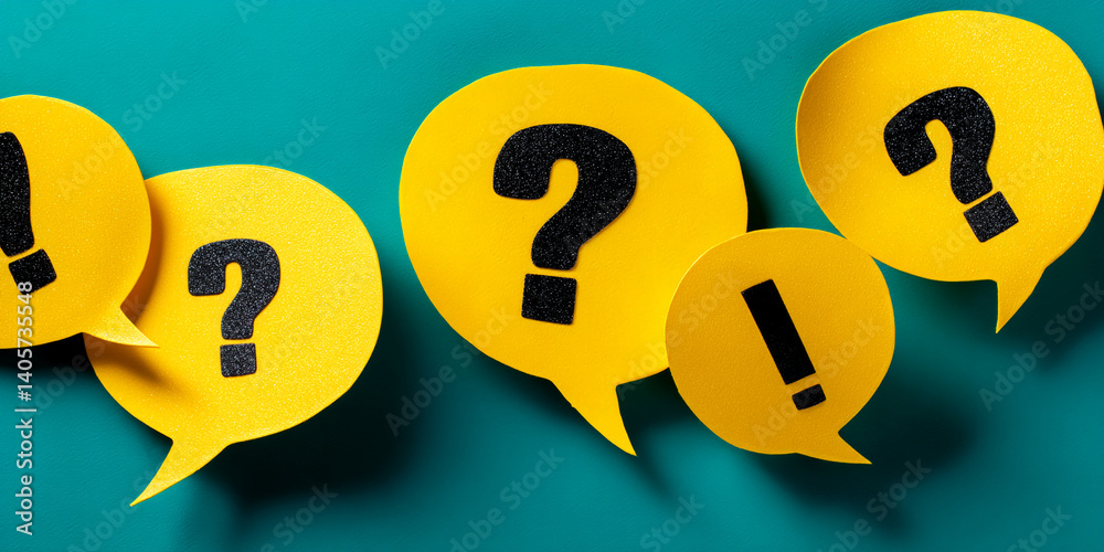 Aufkleber yellow speech bubbles with black question and exclamation marks on teal background, symbolizing quer