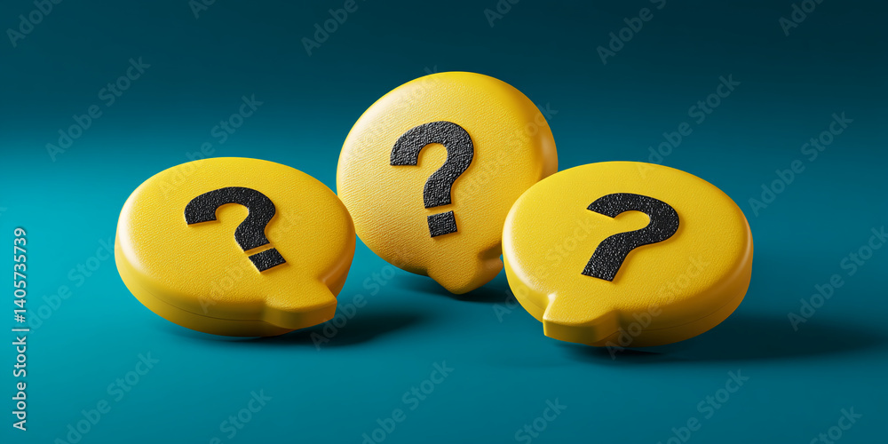 Poster three yellow speech bubbles with black question marks on teal background, symbolizing inquiry, quest