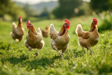 Fototapeta premium Free-Range Chickens Running Joyfully on a Rural Farm, Embracing Natural Animal Welfare in a Lush Grass Landscape