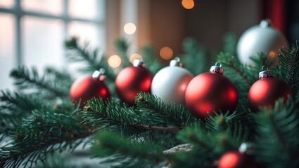 Crimson and ivory Christmas ornaments on a fir tree branch against a white backdrop with space for text