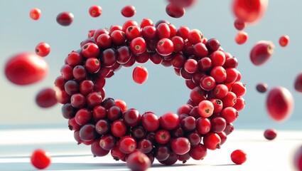 Obraz premium Floating red cranberry berries on a backdrop