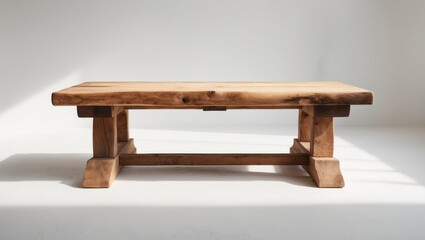 Isolated white background featuring a front view of a raw wooden bench.