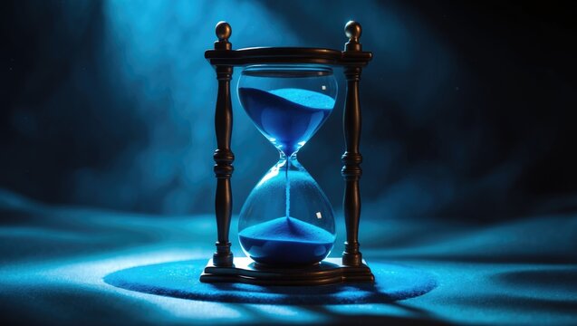 An hourglass symbolizes the sand of time, as life pours more limited time into it. The concept of extended deadlines in time management brings hope, illustrated by the hourglass. The black background