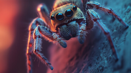 A macro shot of a spider gripping onto a wall, extreme close-up detailing its vivid colors.