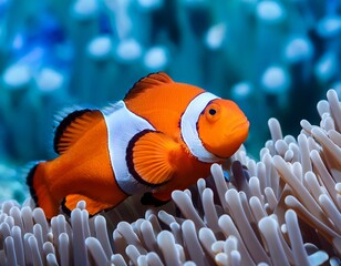 orange clownfish swimming between sea anemone