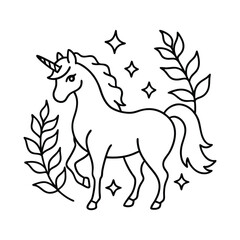 Beautiful Unicorn Line art and Drawing Fantasy Beast Vector Art Illustration