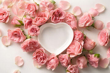 Roses with heart shaped bowl viewed from above. Top view. Romantic scene