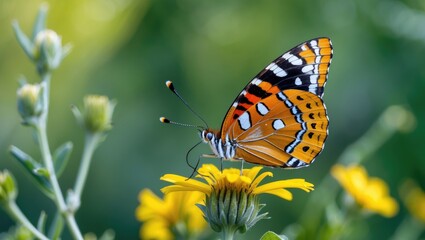Obraz premium Macro close-up image of a Red Admiral butterfly on a yellow flower during the season