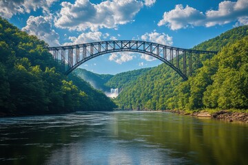 Fototapeta premium Expansive View of New River Gorge and Iconic Bridge in West Virginia: A Summer Oasis for Whitewater Rafting Enthusiasts