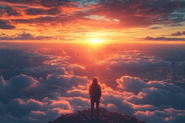 Obraz premium Person stands atop a mountain gazing at a vibrant sunset over a city enveloped in clouds