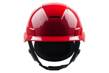 A vibrant red safety helmet, front view, against a stark transparent background. Shiny, protective headgear detail