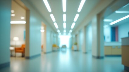 Obraz premium Blurred interior background featuring a long empty corridor with treatment rooms and a waiting area for patients and families illuminated by bright white lights.