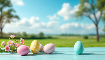 Colorful Easter eggs arranged on a wooden table amidst a scenic spring landscape with flowers and trees