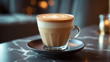 Steaming piccolo latte amidst minimalist cafe atmosphere. Coffee idea. Selective emphasis.