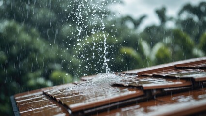 Fototapeta premium Rainwater streaming off the roof in the wet season