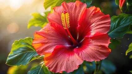Rose of Sharon or Red hibiscus flower flourishing in sunlight