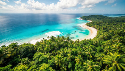 Scenic coastline view with lush greenery or palm trees and vibrant blue ocean under a bright sky