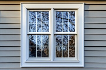 Elegant Double Hung Window with Stylish White Grilles and Framing, Set Against Horizontal Vinyl Siding Under Gable and Soffit