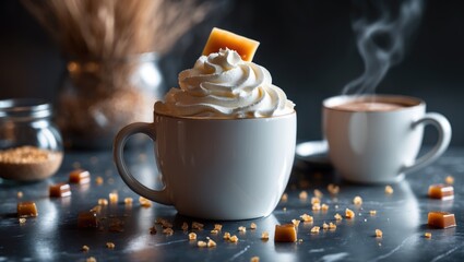 Whipped cream and salted caramel adorn hot chocolate on a marble table.
