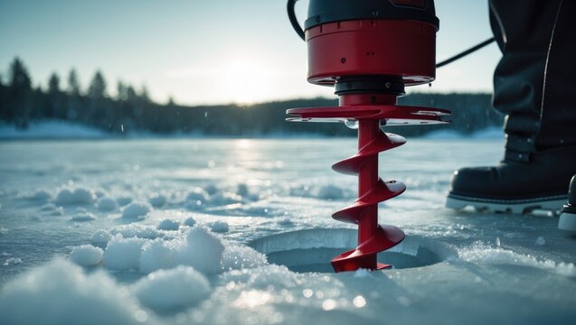 Using an ice auger to drill through the ice on an outing