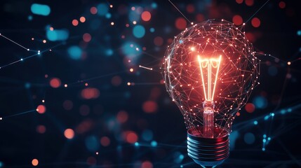 Glowing polygonal lightbulb, connected network