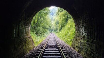 Fototapeta premium Train tunnel exit, forest light, travel hope