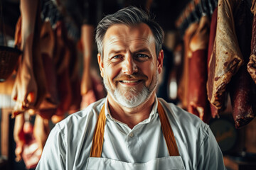 Smiling Butcher in a Meat Shop