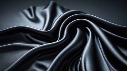 Obraz premium Luxurious shiny black and gray satin fabric texture with abstract patterns and soft blurred waves in a dark panorama background.