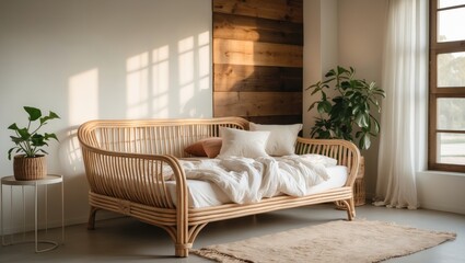 Fototapeta premium Boho Southwest Bedroom with Rattan Daybed