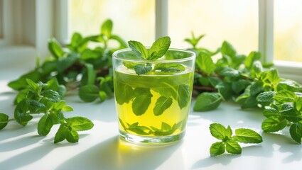 Chilled tea in a glass garnished with fresh mint leaves. A refreshing drink made at home.