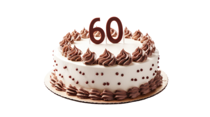 Celebration cake featuring a large number sixty, decorated with chocolate icing and cream for a special occasion