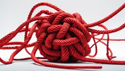 Red Rope in a Messy Tangle on White Background