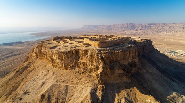 Aerial View of Masada Fortress: Ancient Landmark in the Judean Desert, Nestled Among Mountains of Southern Israel