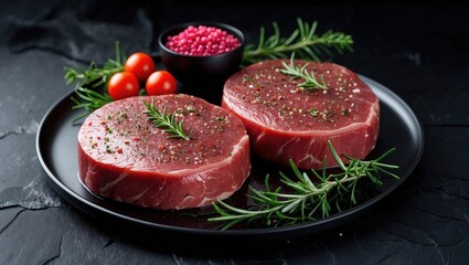 Raw eye round beef steak with seasoning of salt, spices, and herbs prepared for grilling on a textured background