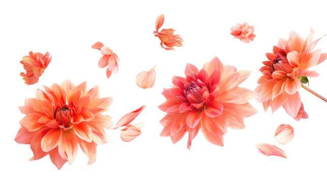 Delicate orange flowers and petals floating against a white background create a serene and artistic display